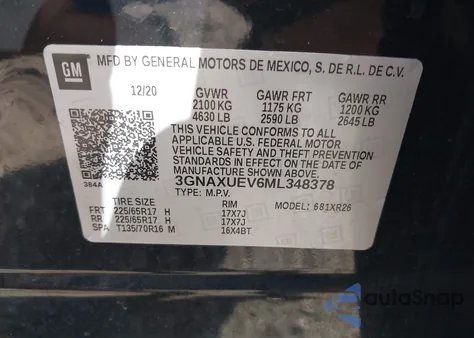 2021 Chevrolet Equinox Awd Lt z USA, uszkodzony, nr VIN 3GNAXUEV6ML348378